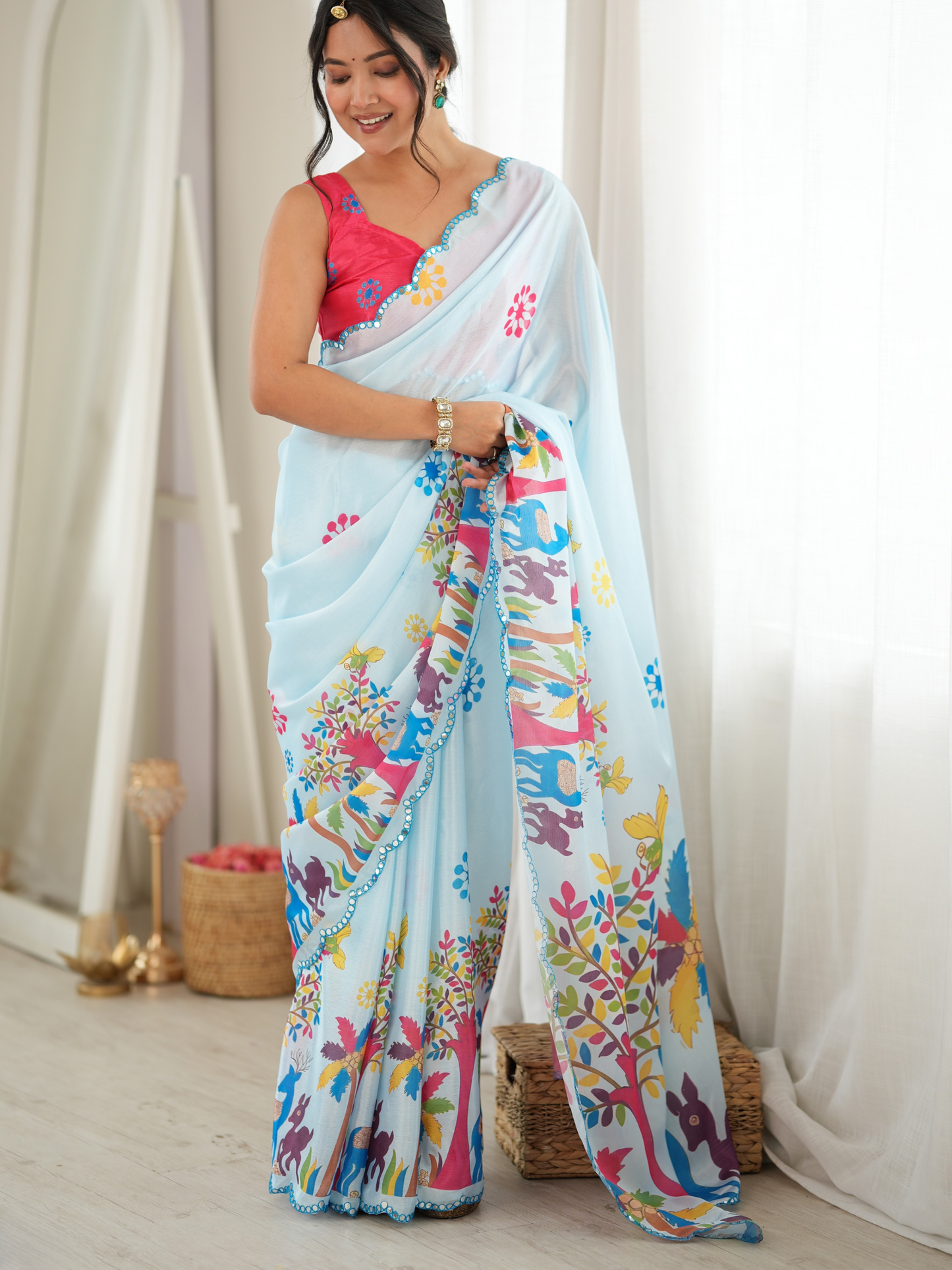 Ice Blue Printed Chiffon Silk Saree