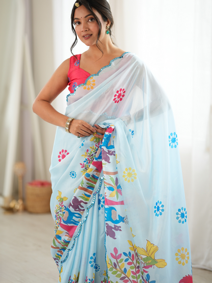 Ice Blue Printed Chiffon Silk Saree