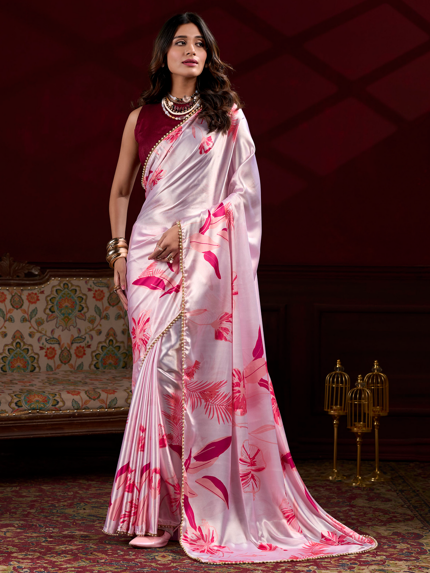 Powder Pink Printed Satin Silk Saree