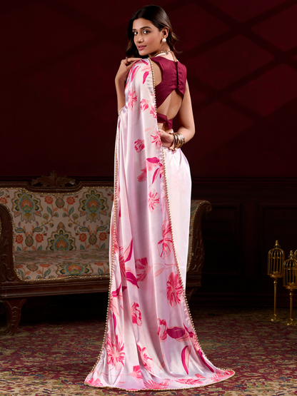 Powder Pink Printed Satin Silk Saree