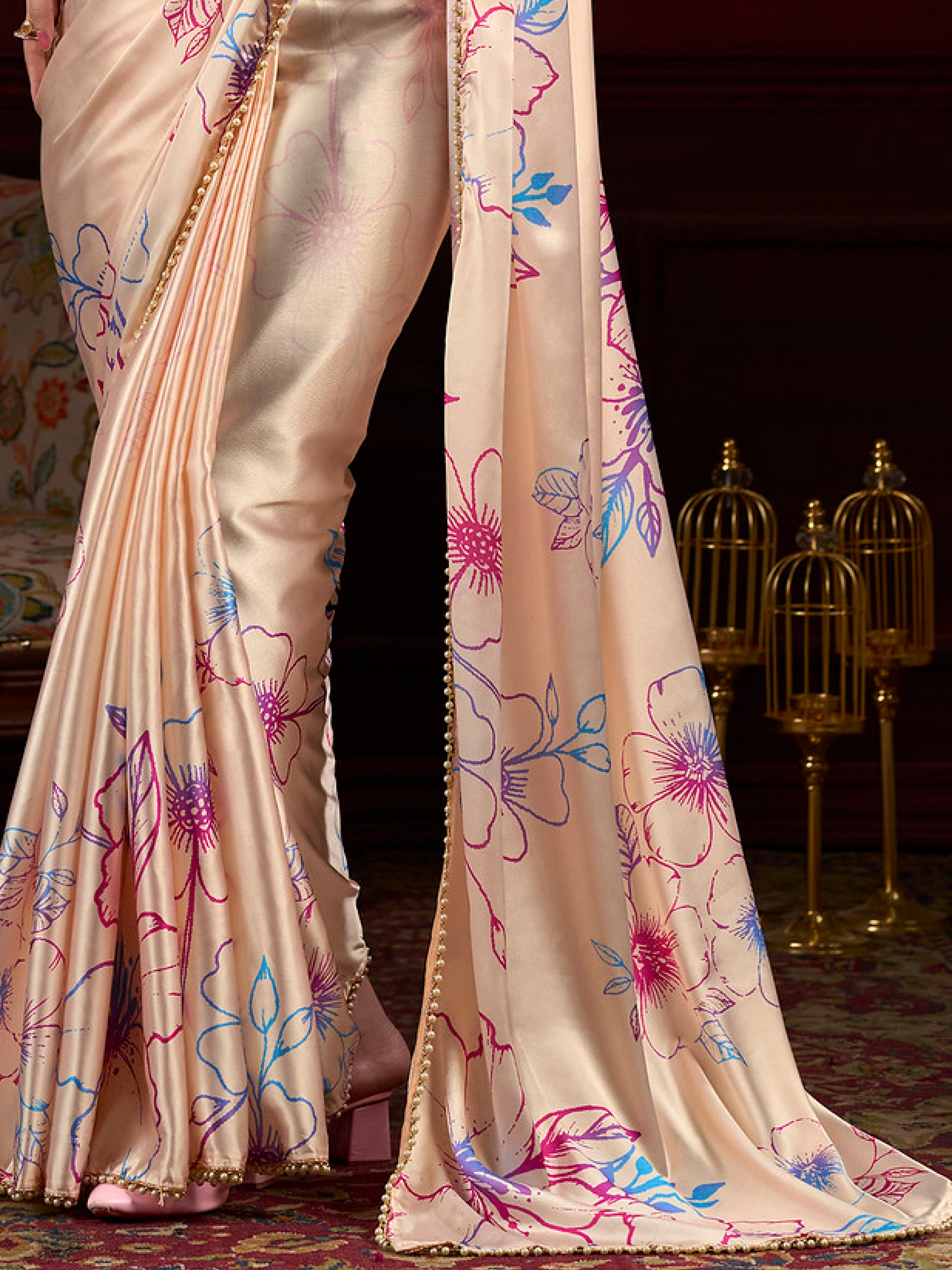 Sandy Pink Print Satin Silk Saree