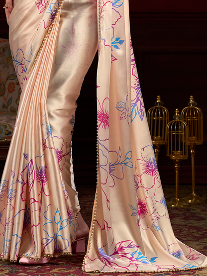 Sandy Pink Print Satin Silk Saree