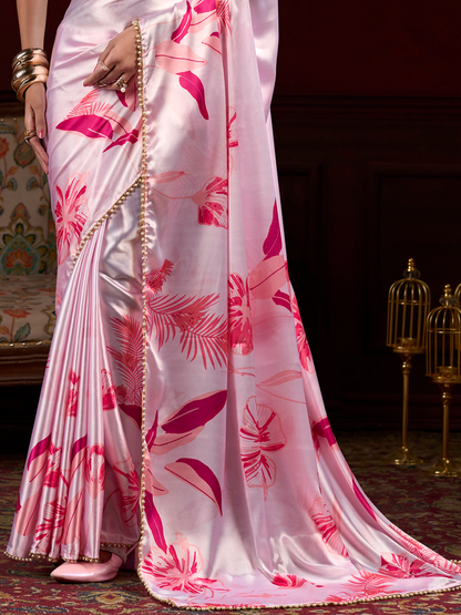 Powder Pink Printed Satin Silk Saree