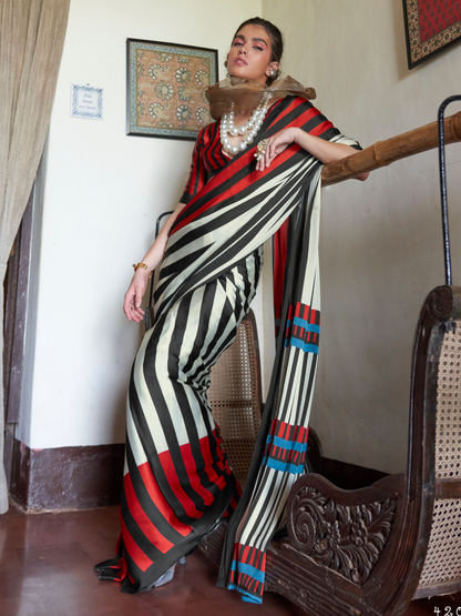 White Red Stripped Printed Satin Silk Saree