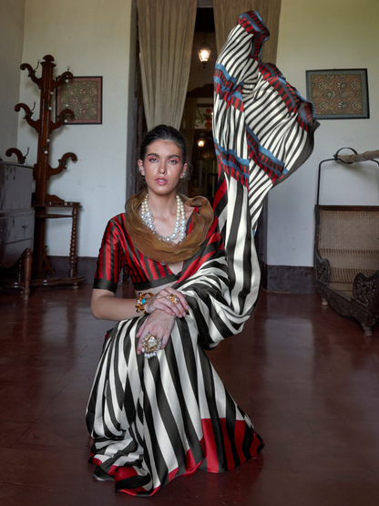 White Red Stripped Printed Satin Silk Saree