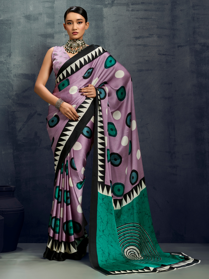 Lilac Purple Printed Satin Silk Saree