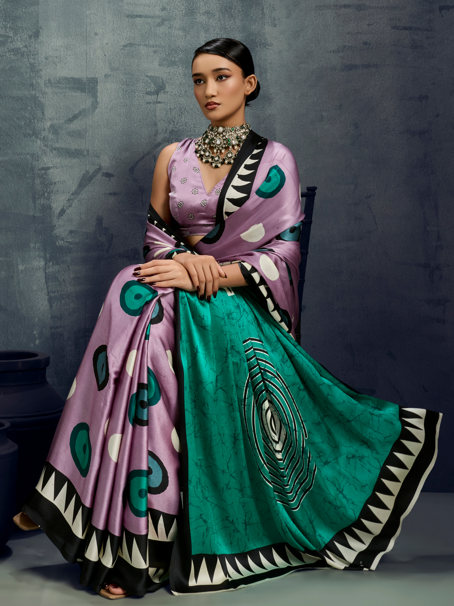 Lilac Purple Printed Satin Silk Saree