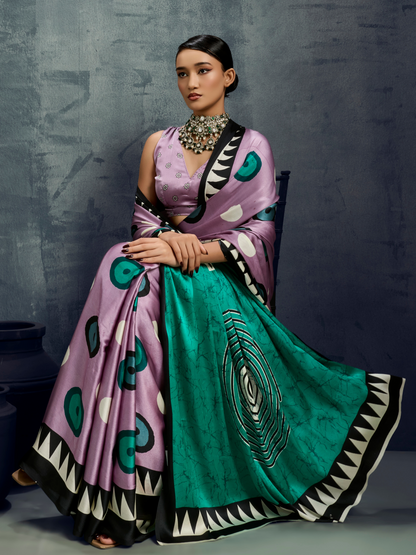 Lilac Purple Printed Satin Silk Saree