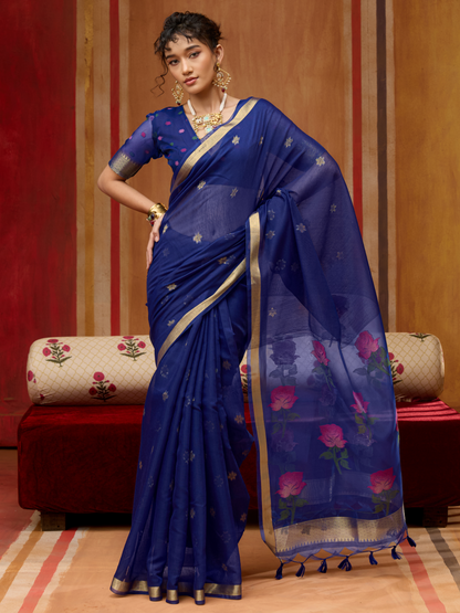 Ink Blue Spun Cotton Weaving Saree
