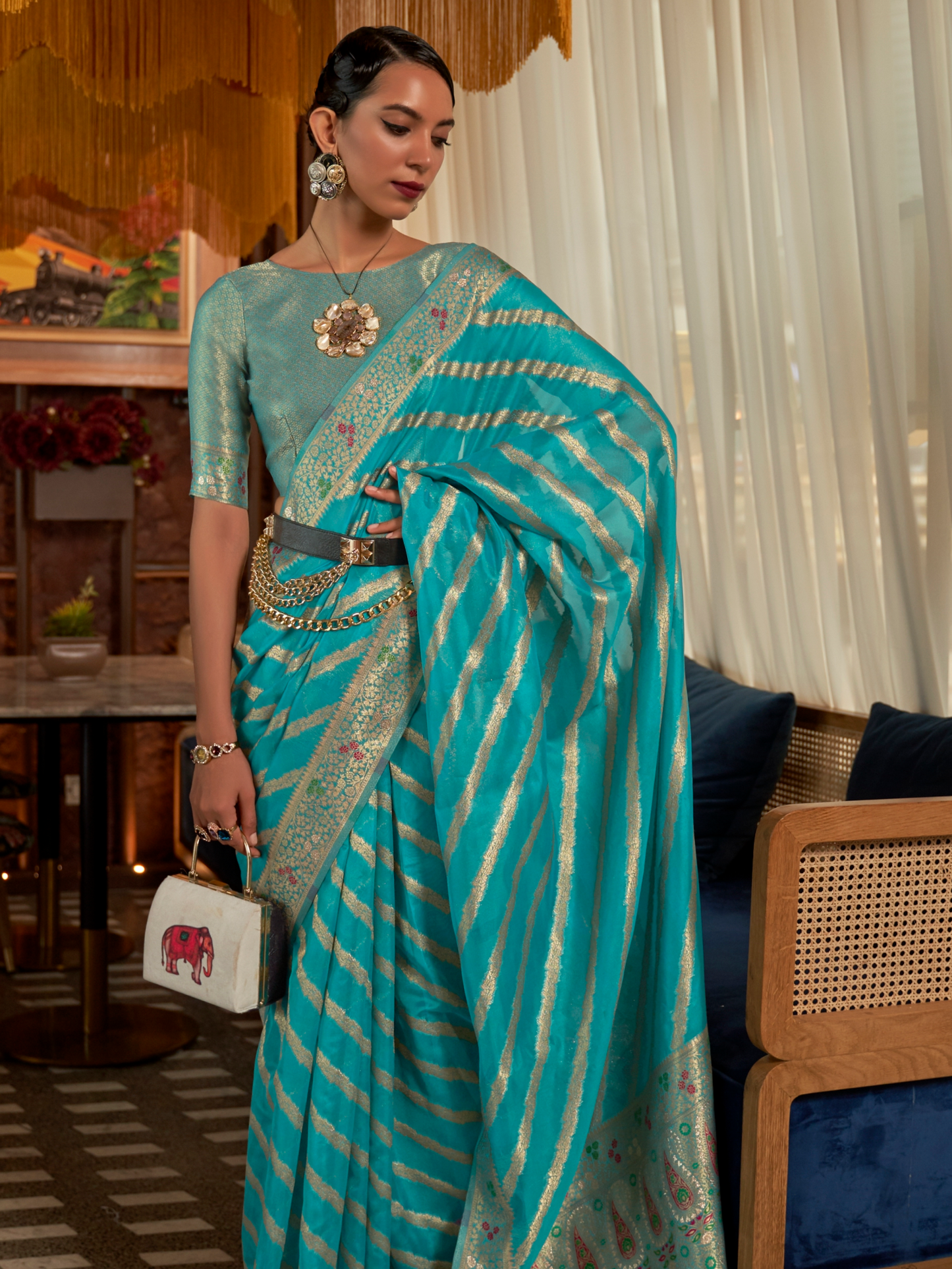 light blue organza saree