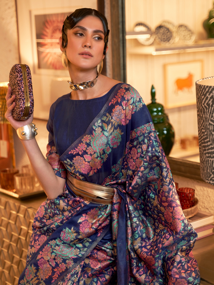 Midnight Blue Woven Kashmiri Silk Saree