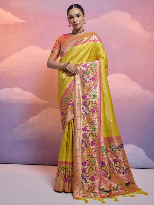 Golden Yellow Woven Paithani Silk Saree