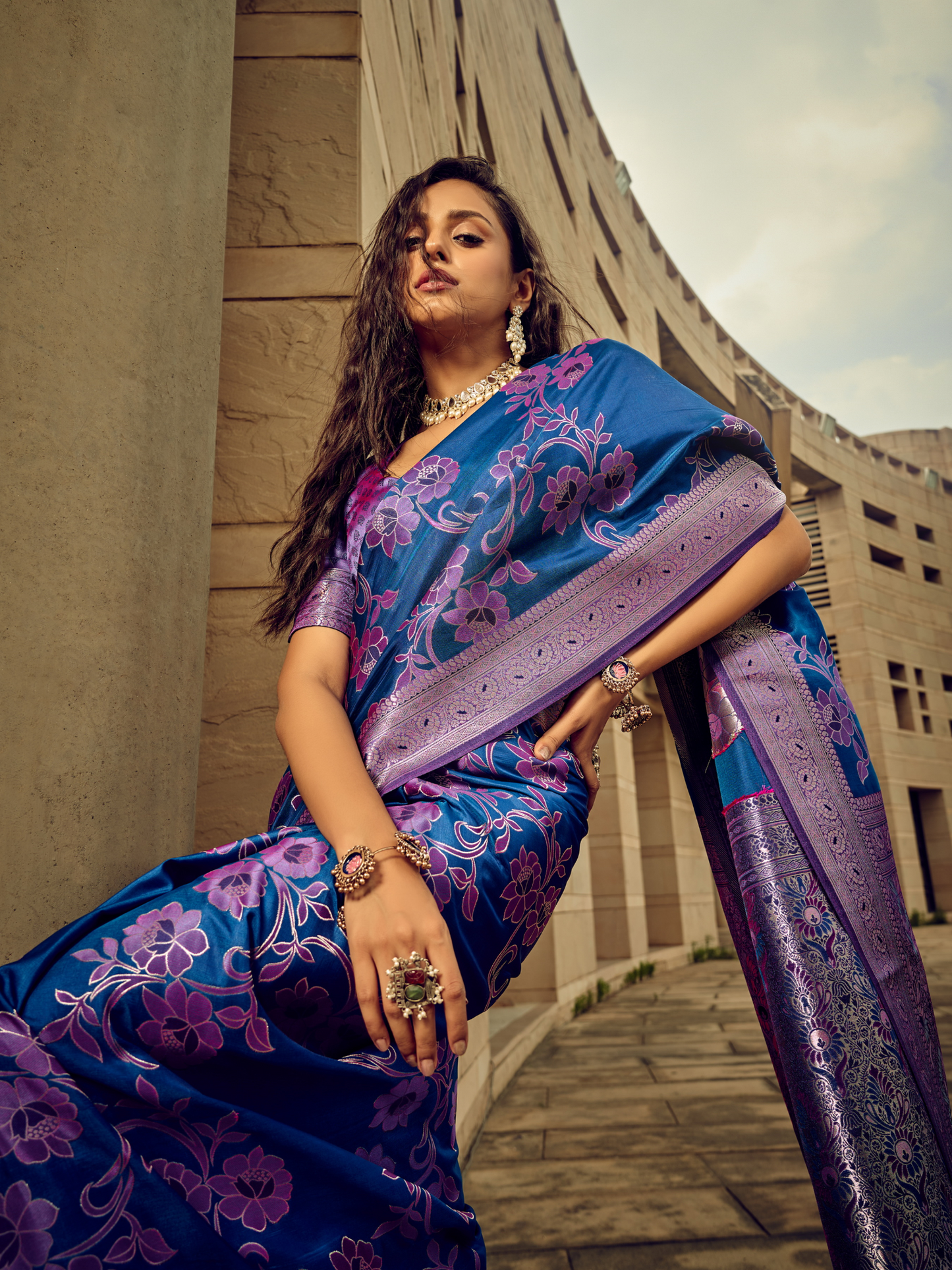 Phthalo Blue Woven Banarasi Satin Silk Saree