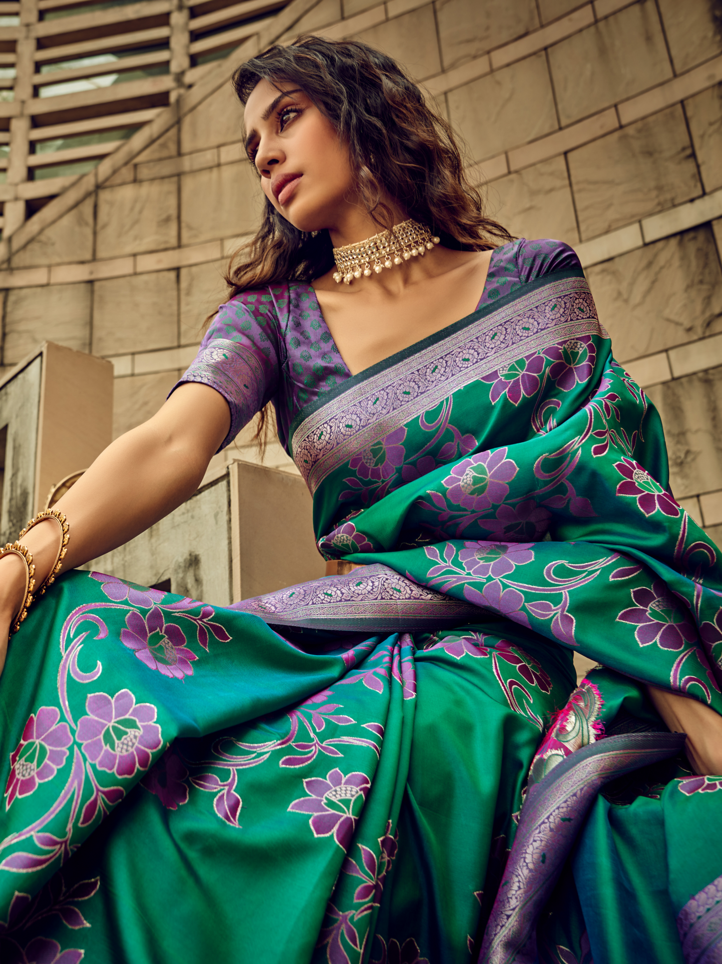Tropical Green Woven Banarasi Satin Silk Saree