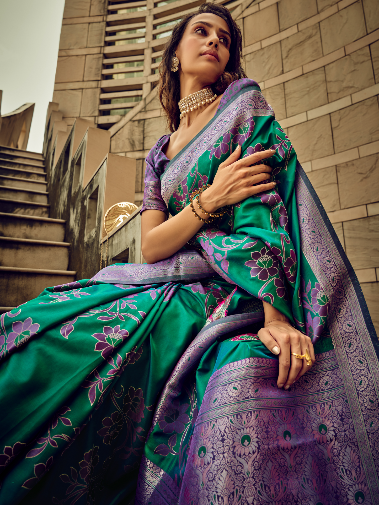 Tropical Green Woven Banarasi Satin Silk Saree