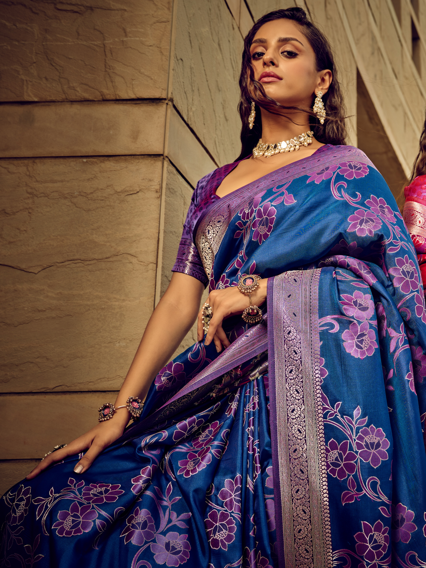 Phthalo Blue Woven Banarasi Satin Silk Saree