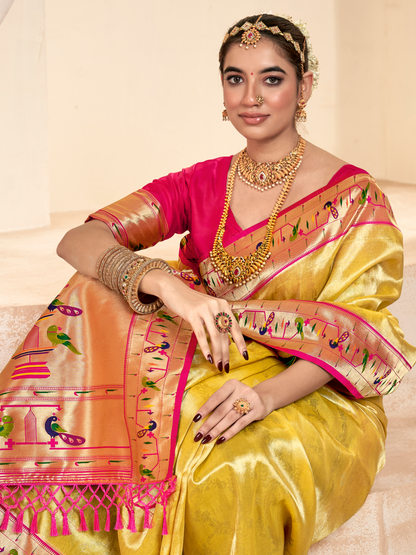 Chrome Yellow Woven Paithani Tissue Silk Saree