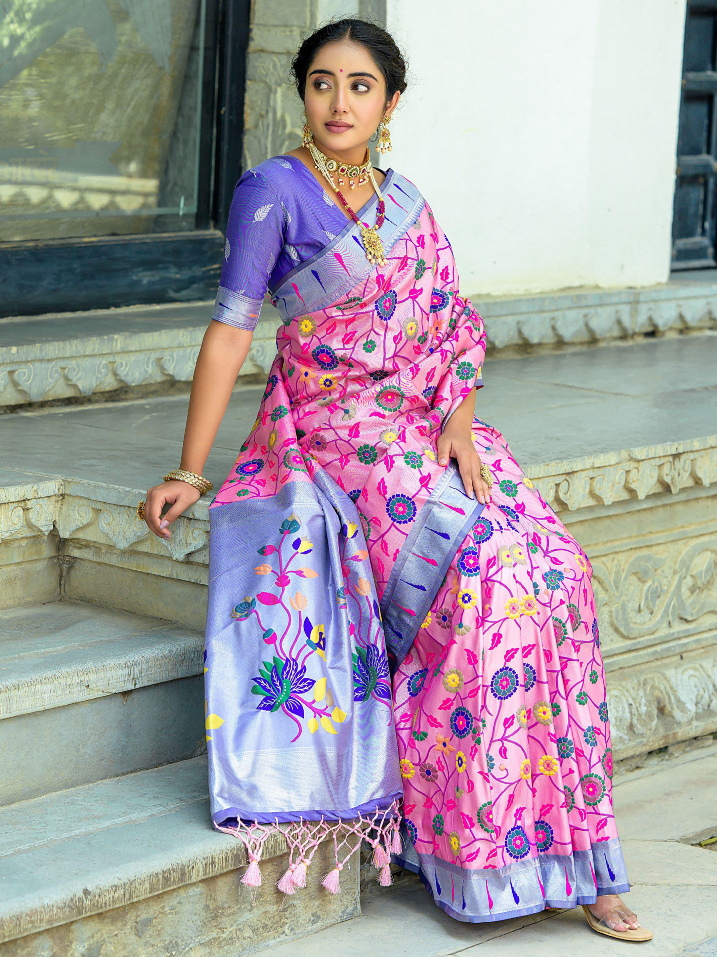 Light Pink Woven Jacquard Paithani Silk Saree