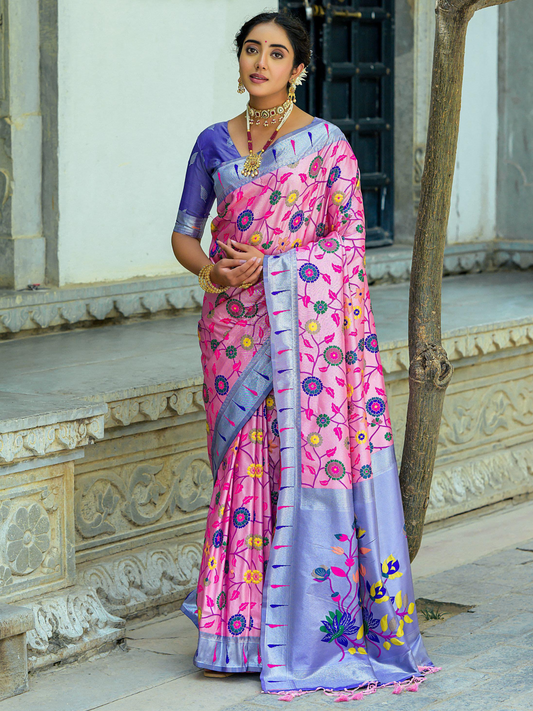 Light Pink Woven Jacquard Paithani Silk Saree