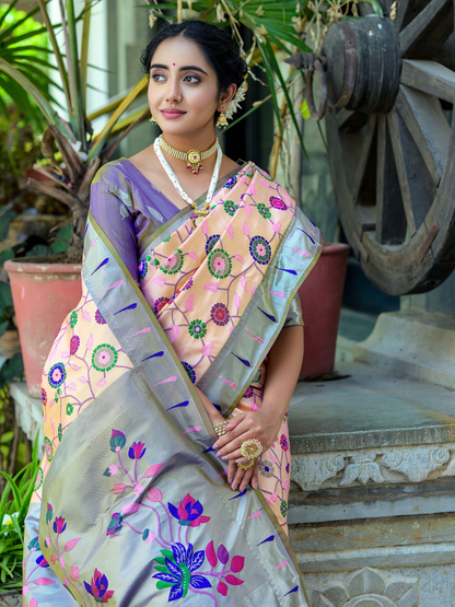 Fresh Peach Woven Jacquard Paithani Silk Saree