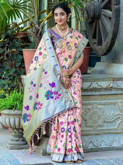 Fresh Peach Woven Jacquard Paithani Silk Saree