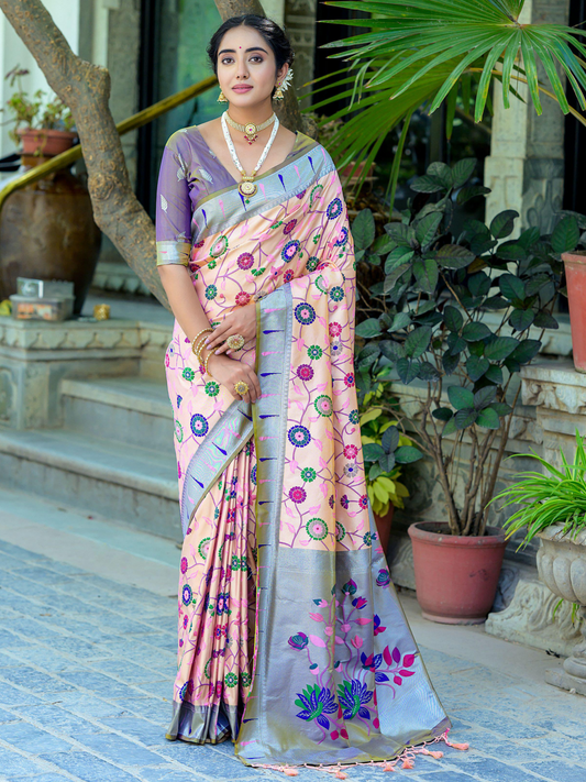 Fresh Peach Woven Jacquard Paithani Silk Saree