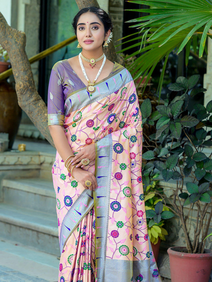 Fresh Peach Woven Jacquard Paithani Silk Saree