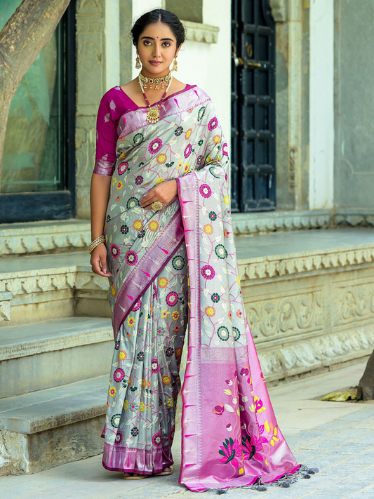 Stone Gray Woven Jacquard Paithani Silk Saree