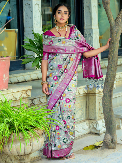 Stone Gray Woven Jacquard Paithani Silk Saree