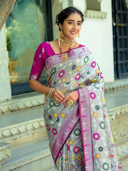 Stone Gray Woven Jacquard Paithani Silk Saree