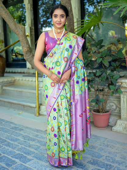 Pistachio Green Woven Jacquard Paithani Silk Saree