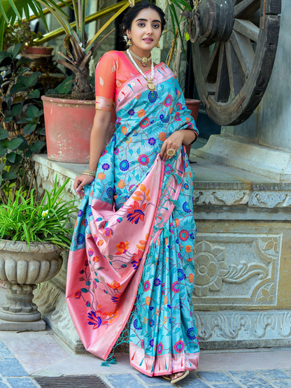 Light Blue Woven Jacquard Paithani Silk Saree