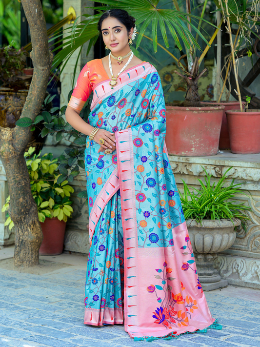 Light Blue Woven Jacquard Paithani Silk Saree