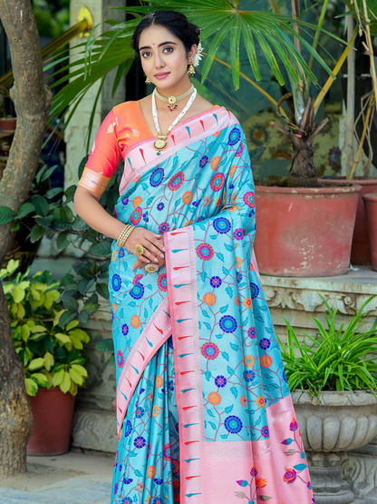 Light Blue Woven Jacquard Paithani Silk Saree