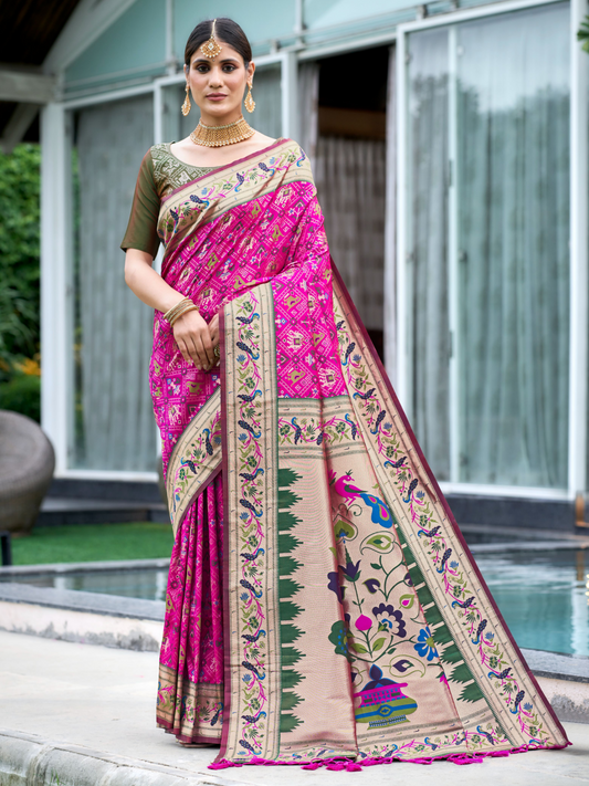 Raspberry Pink Woven Patola Paithani Silk Saree
