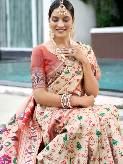 Pearl White Woven Patola Paithani Silk Saree