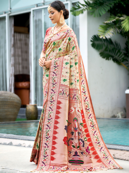 Pearl White Woven Patola Paithani Silk Saree