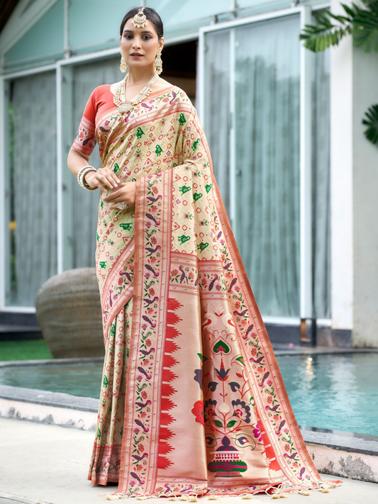 Pearl White Woven Patola Paithani Silk Saree