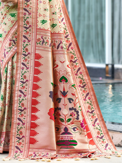 Pearl White Woven Patola Paithani Silk Saree