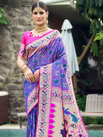 True Blue Woven Patola Paithani Silk Saree