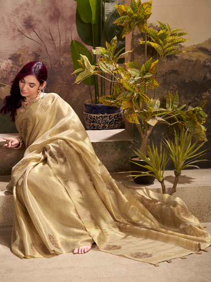 Bisque Beige Woven tissue Silk Saree