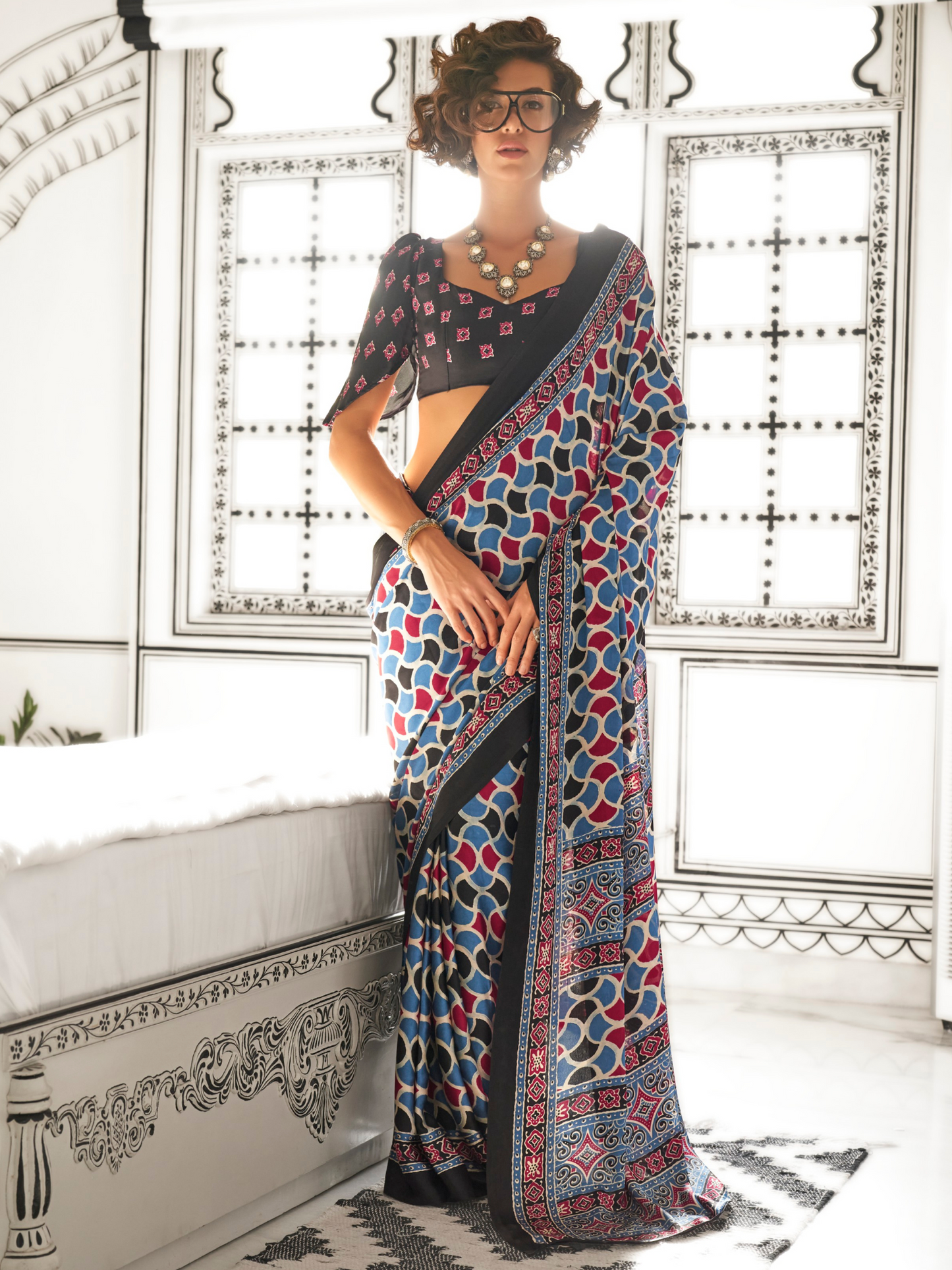 Black & White Satin Crepe Ajrakh Print Saree