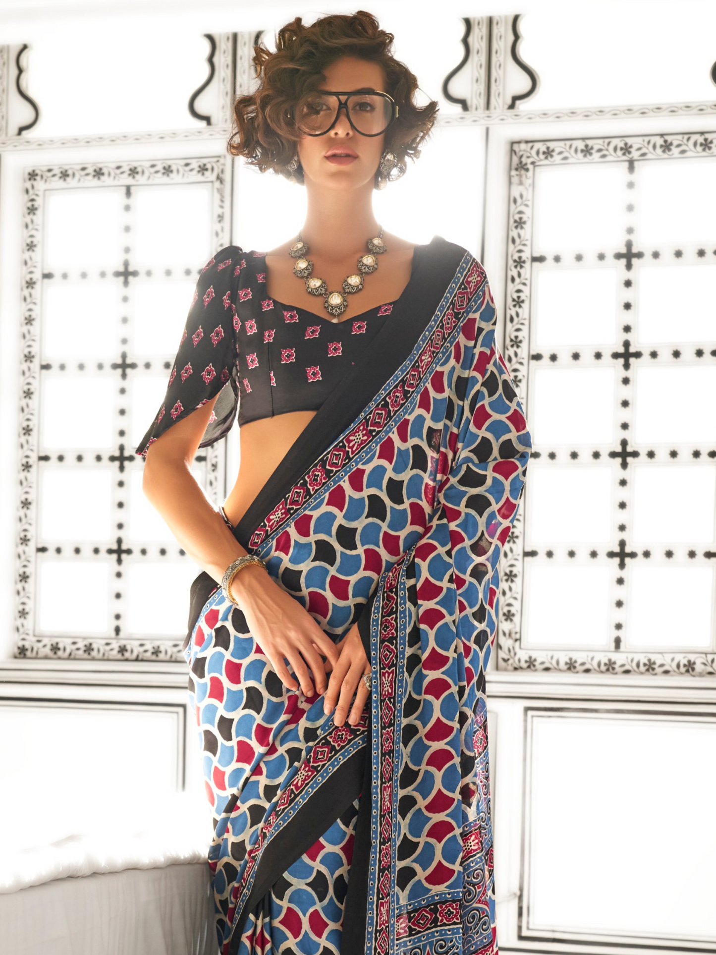Black & White Satin Crepe Ajrakh Print Saree