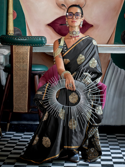 Jet Black Woven Satin Silk Banarasi Saree