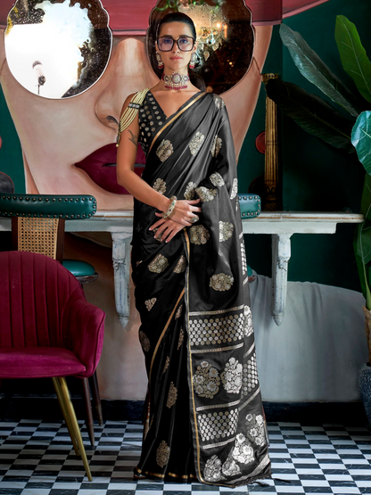 Jet Black Woven Satin Silk Banarasi Saree