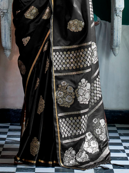 Jet Black Woven Satin Silk Banarasi Saree