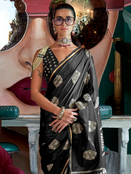 Jet Black Woven Satin Silk Banarasi Saree