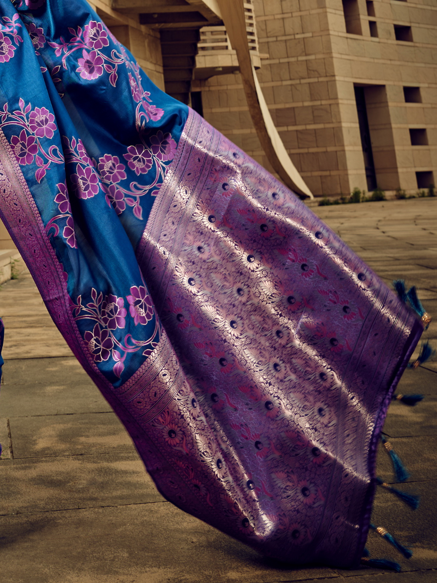 Phthalo Blue Woven Banarasi Satin Silk Saree