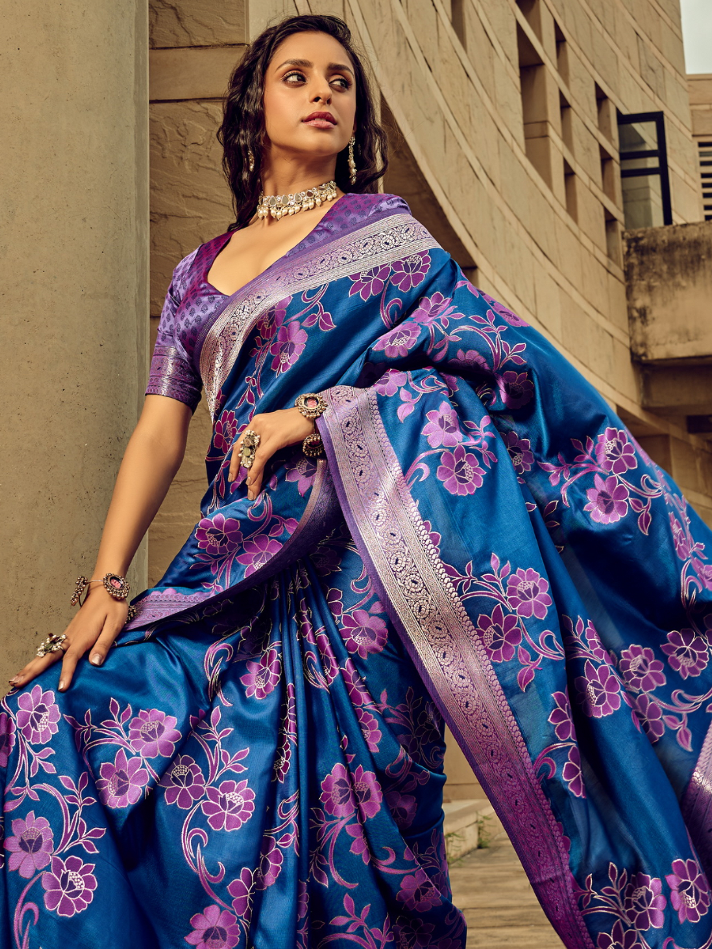 Phthalo Blue Woven Banarasi Satin Silk Saree