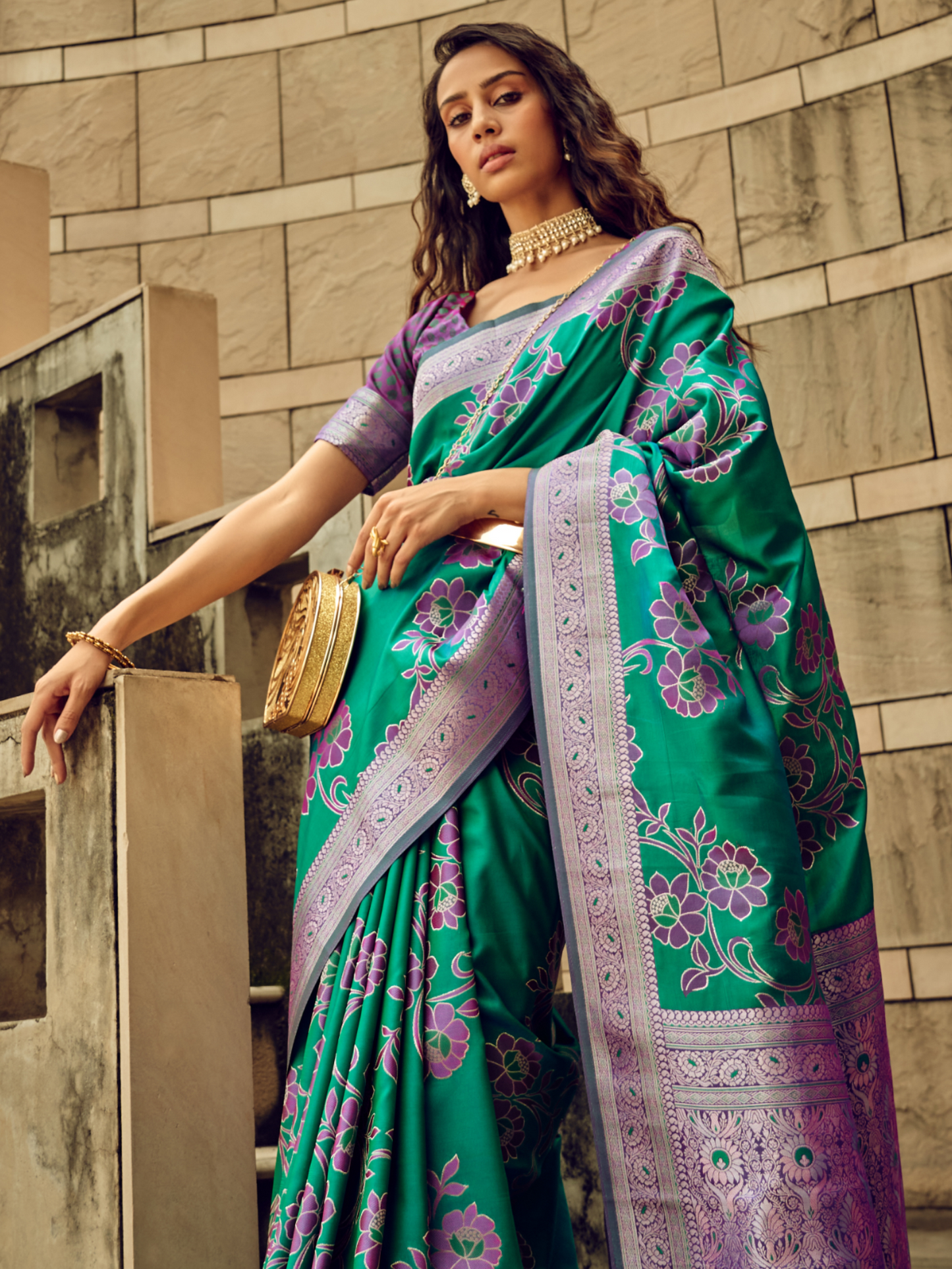 Tropical Green Woven Banarasi Satin Silk Saree